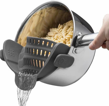 Snap N' Strain - Silicone Pasta Strainer Clip-On for Pots and Pans - Heat Resistant Colander for Vegetables and Noodles - Kitchen Gadgets for Cooking - Space-Saving Design - Gray1
