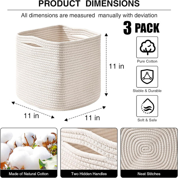 11 Inch Cube Storage Bins, Woven Cotton Rope Basket off White2
