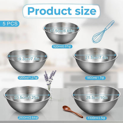 5 Pack Stainless Steel Mixing Bowls with Marks, Heavy Duty Nesting Bowls Set, Food Grade 304, Dishwasher Safe & Stackable for Cooking, Baking, Prepping (1, 1-1/2, 2, 2-1/2, 3-1/2 QT)​​2
