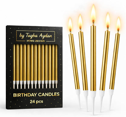 Gold Birthday Candles with Holders, 24 Pack – Long Thin Metallic Cake Candles for Birthday, Cupcakes & Party Decorations5
