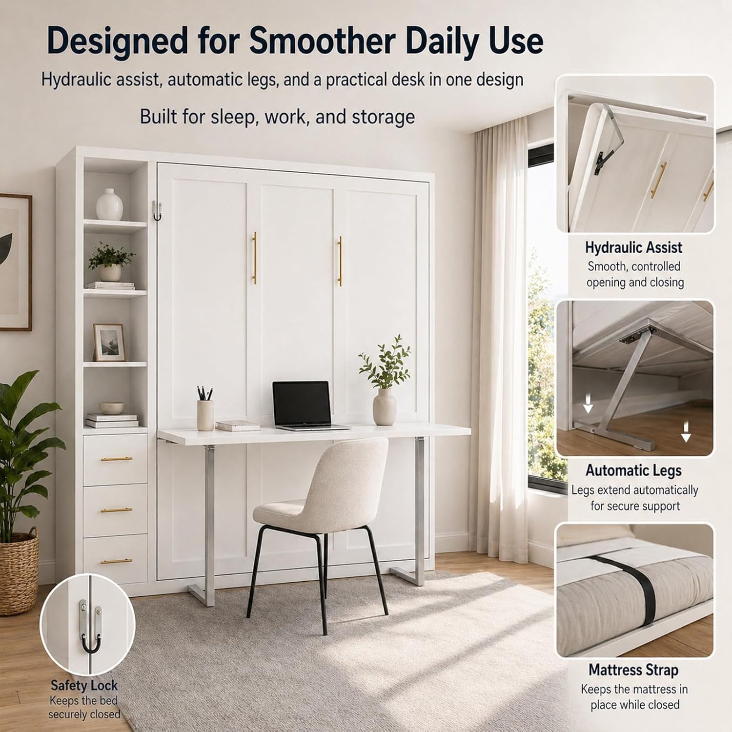 queen-size-murphy-bed-with-desk-and-single-side-cabinet-white-wall-bed-with-bookcase-shelves-3-drawers-automatic-legs-hydraulic-assist-space-saving-bed-for-bedroom-guest-room-home-office