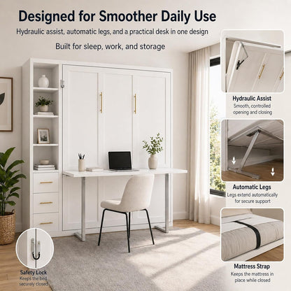 Queen Size Murphy Bed with Desk and Single Side Cabinet, White Wall Bed with Bookcase Shelves, 3 Drawers, Automatic Legs, Hydraulic Assist, Space Saving Bed for Bedroom,Guest Room,Home Office8