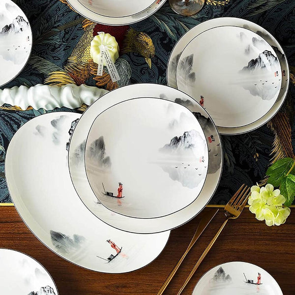 60-Piece Dinnerware Set,Exquisite Porcelain Tableware,Antiquity Chinese Style Porcelain Set,Ink Painting Design Dinner Dishes Set,Plates/Bowls/Spoons and Soup Pot,Service for 124