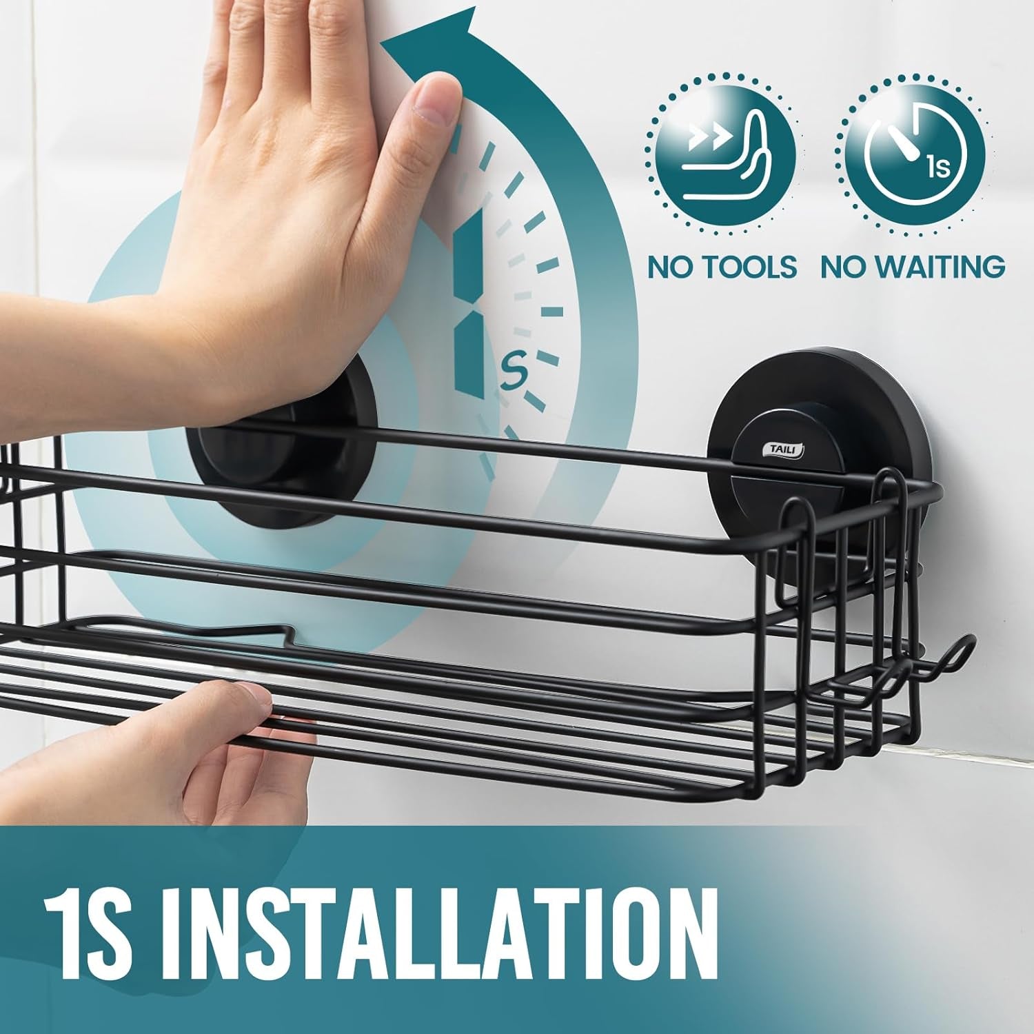 shower-caddy-suction-cup-2-pack-with-hooks-soap-holder-black