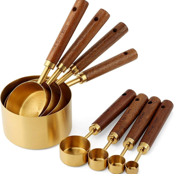 Gold Measuring Cups and Spoons Set Stainless Steel Wood Handle US Metric1