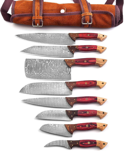 129-8 Stainless Steel Damascus Knife Set 8 Pcs, Kitchen Knife Set with Leather Roll Case Bag High Carbon Ultra Sharp Knife for Kitchen, Professional Chef Knife Set with Bag 129 (8)1