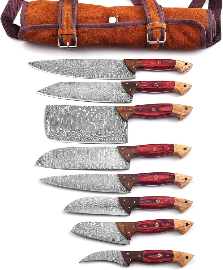 129-8 Stainless Steel Damascus Knife Set 8 Pcs, Kitchen Knife Set with Leather Roll Case Bag High Carbon Ultra Sharp Knife for Kitchen, Professional Chef Knife Set with Bag 129 (8)