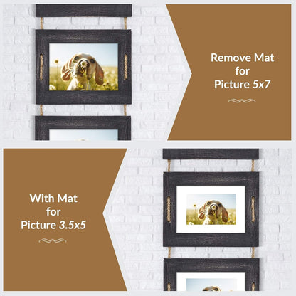 5X7 Hanging Collage Picture Frames Wall Decor, 4-Opening 5X7 Matted to 3.5X5 Photo Rustic Wood Frame with Hemp Rope, 2 Pack, Weathered Black5