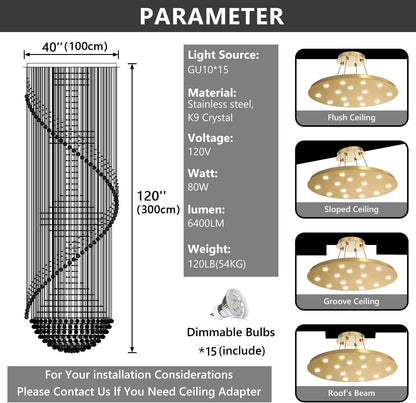 D40'' X H120'' Crystal Chandelier High Ceiling Chandeliers for Staircaes Large Raindrop Chandeliers LED Dimmable Flush Mount Light Fixtures for Foyer Hallway Entryway LED Bulbs Included Gold3