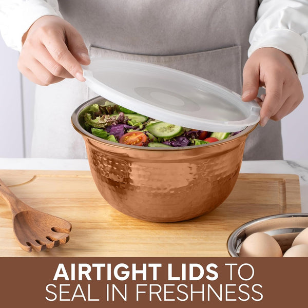 18 Piece Mixing Bowls Set with Airtight Lids, Handcrafted Stainless Steel Bowls, Food Storage Containers, Meal Prep, Nesting Salad Bowls for Cooking, Baking, Kitchen, Copper - Hammered5
