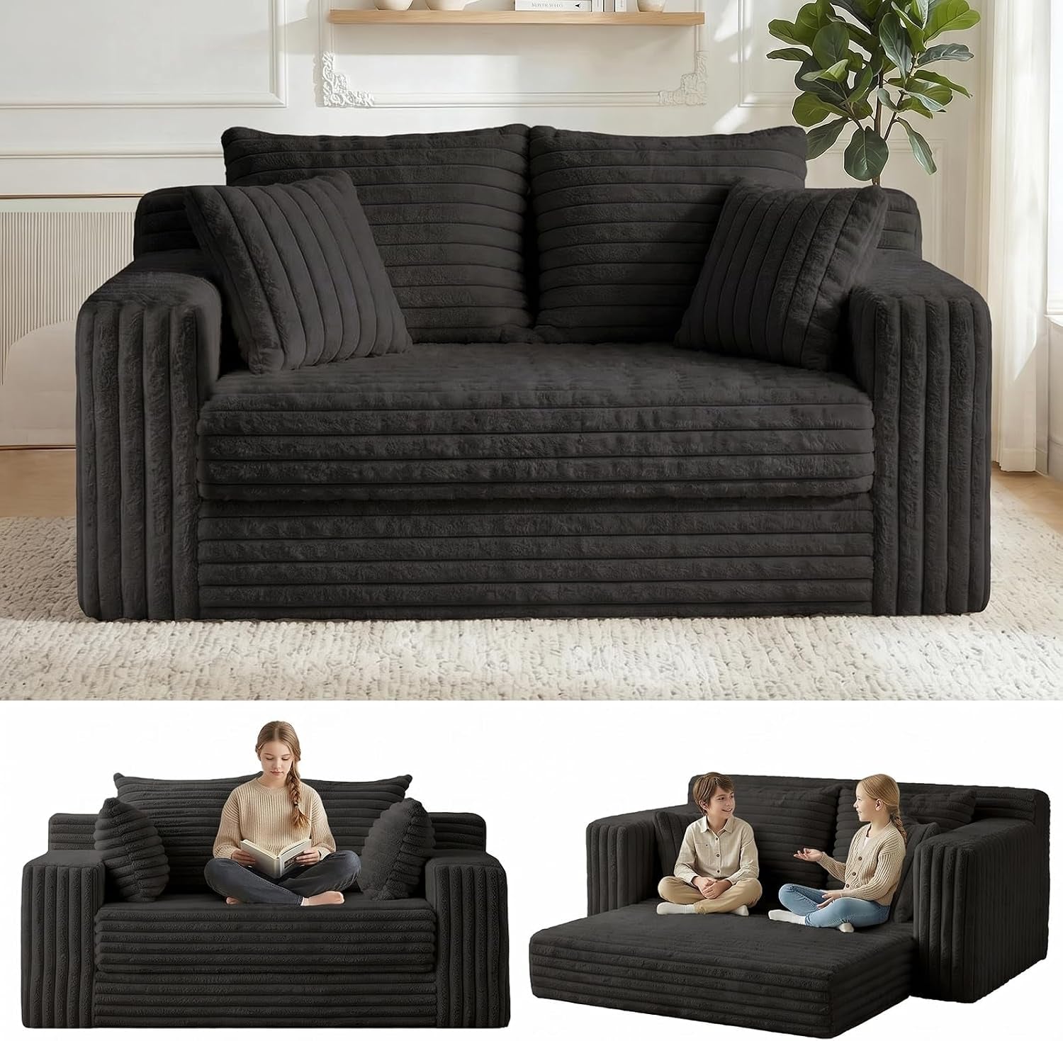 3-in-1-convertible-sofa-bed-boneless-loveseat-sleeper-folding-couch-bed-with-4-pillows-detachable-cushion-furry-futon-couch-for-bedroom-apartment-office-and-living-room-no-assembly-black