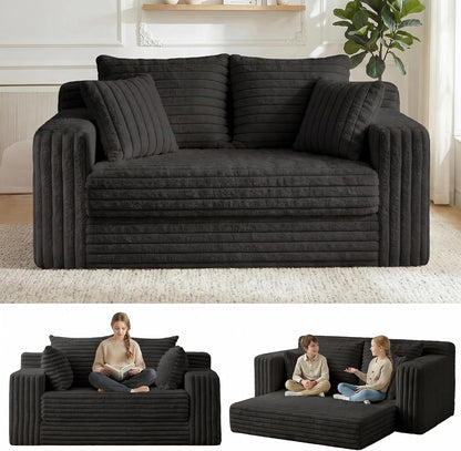 3-In-1 Convertible Sofa Bed: Boneless Loveseat Sleeper & Folding Couch Bed with 4 Pillows & Detachable Cushion,Furry Futon Couch for Bedroom,Apartment,Office and Living Room, No Assembly,Black1