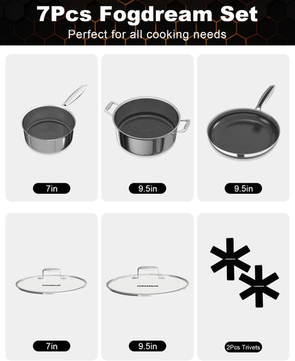 5 Pcs Stainless Steel Cookware Set, 9.5In Non Stick Frying Pan, 5-Quart Soup Pot & 2.3-Quart Sauce Pan with 2 Lids, Stay-Cool Handles, Dishwasher & Oven-Safe, Induction Compatible, Silver6