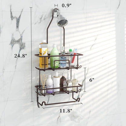Shower Caddy Hanging over Shower Head Rust Roof Shower Organizer with 10 Hooks for Razor Shampoo Holder Bathroom Shower Rack Storage Shelf with Towel Bar – Bronze7