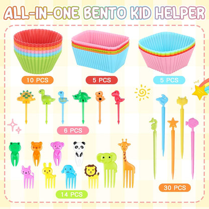 70PCS Silicone Lunch Box Dividers & Fun Animal Food Picks for Kids4