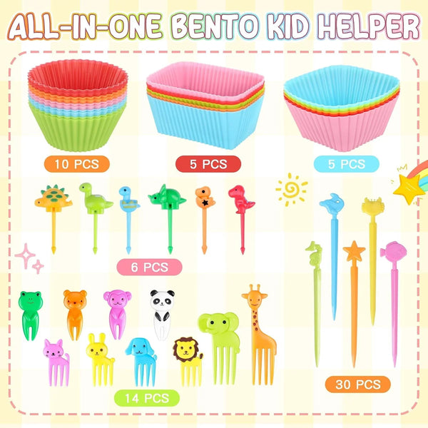 70PCS Silicone Lunch Box Dividers & Fun Animal Food Picks for Kids4