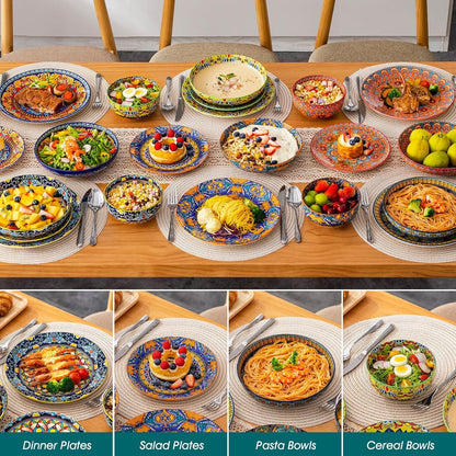 24-Piece Dinnerware Sets,Plates & Bowls Sets Service for 6, Bohemian Porcelain Dishes Set for 6, Kitchen Dinner Set,Microwave & Dishwasher Safe, Scratch Resistant,Series KRVI6