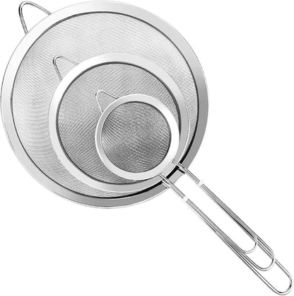 3Pcs Super Wire Extra Fine Mesh Strainer with Handle, Small Medium Large Size Sifter Metal Strainer Set, Stainless Steel Sieve Fine Mesh Strainers for Kitchen Rice Juice Quinoa Food Flour Baking1
