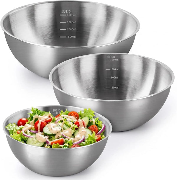 Stainless Steel Mixing Bowls Set of 3 - 9.84", 8.66" & 7.5" Metal Mixing Bowls, 3.3 Qt, 2 Qt & 1.5 Qt Stainless Steel Salad Bowls, Durable 304 Stainless Steel Bowl for Kitchen, Baking, and Meal Prep1