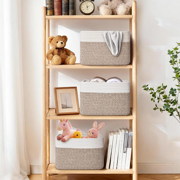 Storage Baskets for Organizing, 4 Pack Baskets for Shelves, Decorative Storage Bins for Shelves, Cotton Rope Storage Basket with Handles, Woven Basket for Storage, 13''Lx8.7''Wx7.9''H, White & Brown2