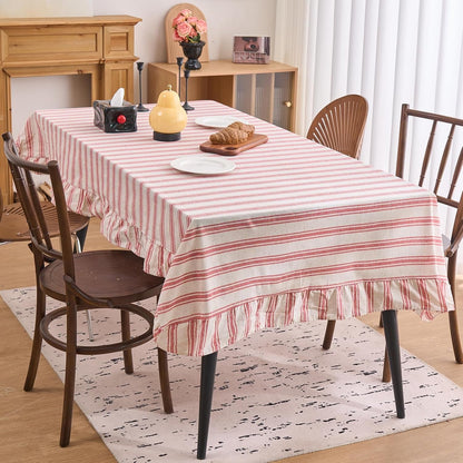 Farmhouse Red Stripe Ruffle Table Cloth, Boho Cotton Linen Tablecloth, Washable Table Cover for Square Table Baby Shower Kitchen Party Wedding Decor (Red A,55"X55")2