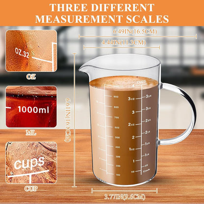 Glass Measuring Cup, 1000 ML (33.8 Oz, 4 Cup) High Borosilicate Glass Measuring Cup with Wood Lid Insulated Handle V-Shaped Spout for Kitchen Restaurant Easy to Read2