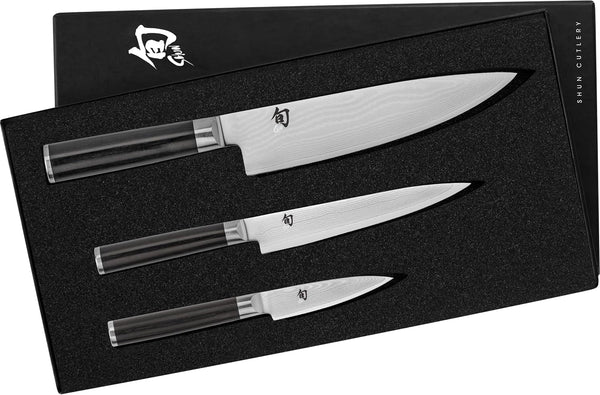 Shun Classic 3 Piece Starter Set | Includes 8" Chef, 3.5" Paring & 6" Utility Knives, VG-MAX Core, Damascus Stainless Steel Cladding, Pakkawood Handle1