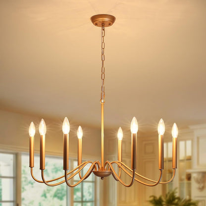 Antique Gold Farmhouse Chandelier, 8 Light Rustic Lighting Fixture Modern Industrial Candle Ceiling Light for Dining Room, Bedroom, Foyer, Living Room, Kitchen Island, Entryway1