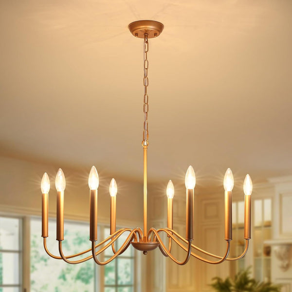 Antique Gold Farmhouse Chandelier, 8 Light Rustic Lighting Fixture Modern Industrial Candle Ceiling Light for Dining Room, Bedroom, Foyer, Living Room, Kitchen Island, Entryway1