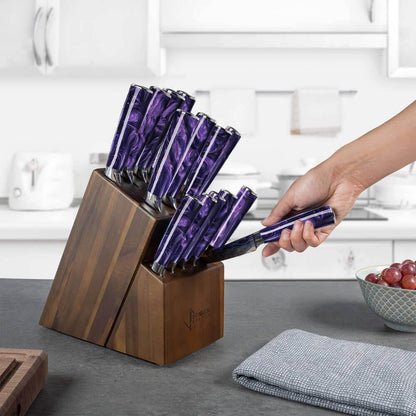 SENKEN 16-Piece Knife Block Set - Japanese High Carbon Stainless Steel with Damascus Pattern, Purple Resin Handles, 6 Steak Knives & Acacia Hardwood Block (Purple)2