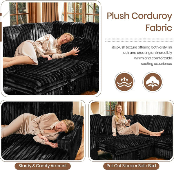 Oversized Sofa Bed Modular Sectional Sleeper Sofa with Pull Out Bed L Shaped Couch with Storage Chaise Black Couch5
