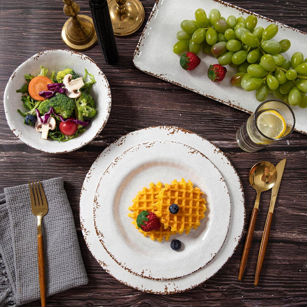 Vintage Melamine Dinnerware Sets, 18 Piece Lightweight and Unbreakable Outdoor Plates and Bowls Set, RV Dishes Set of 6, Chip Resistant Kitchen Plate Set for Indoor and Outdoor Use, White4