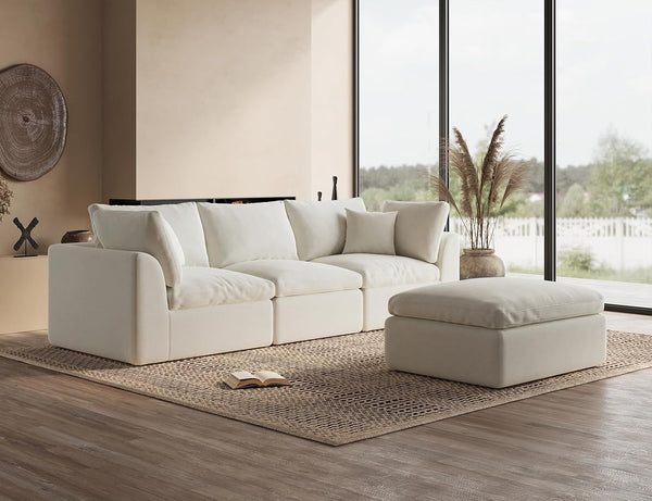110" Cloud Sectional Couches for Living Room, Convertible L-Shape Couch with Ottoman, 3 Seater Modular Sectional Sofa, Warm White6
