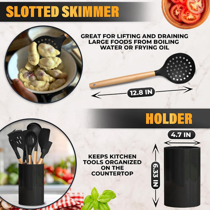 14 Pcs Kitchen Utensils Set with Holder, Beech Handles (Black)5