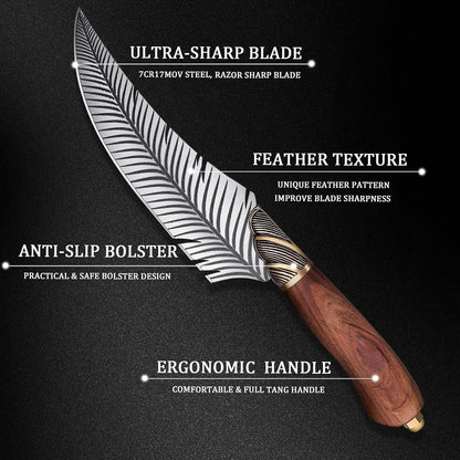Feather Viking Boning Knife, 6 Inch Professional Viking Knife Meat Cleaver Full Tang with Sheath Gift Box for Outdoor Camping Thanksgiving Gifts for Men Women5