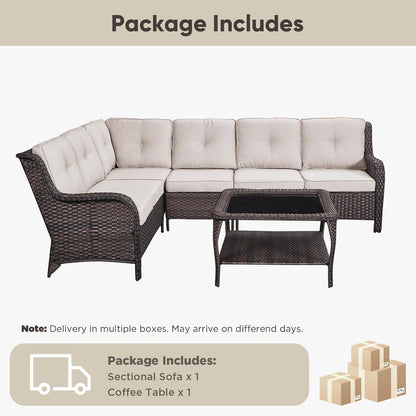 Patio Furniture Set 6 Seats, Oversized Outdoor Sectional Couch, Two 3-Seater Sofas with Coffee Table, Patio Conversation Sets,Ideal for Porch, Deck, Brown Wicker/Beige8