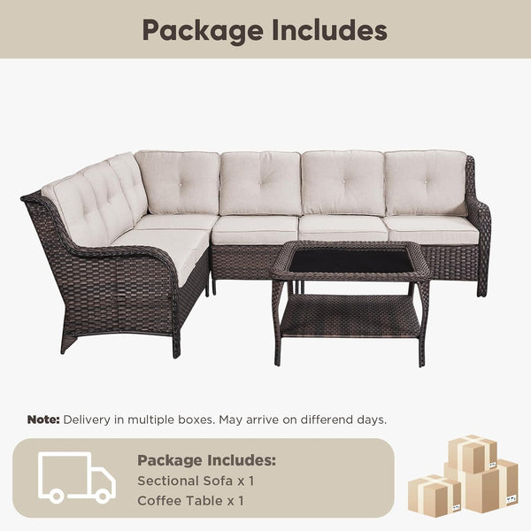Patio Furniture Set 6 Seats, Oversized Outdoor Sectional Couch, Two 3-Seater Sofas with Coffee Table, Patio Conversation Sets,Ideal for Porch, Deck, Brown Wicker/Beige8