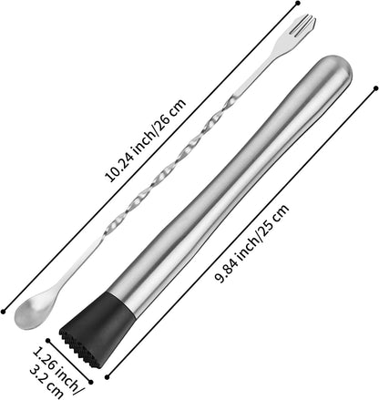 2PCS 10" Stainless Steel Cocktail Muddler & Mixing Spoon for Bar | Long Handle Design, Ideal for Mojitos & Fruit Drinks, Sturdy & Rust Proof, Essential Bar Tools for Home & Professional Use2