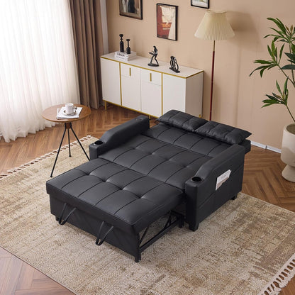 Black Futon Sofa Bed Convertible Loveseat Sleeper Couch, Faux Leather Pullout Sofa Fold Out Couch Bed with USB Ports, Cup Holders, Armrest for Living Room, Bedroom Apartment Room2