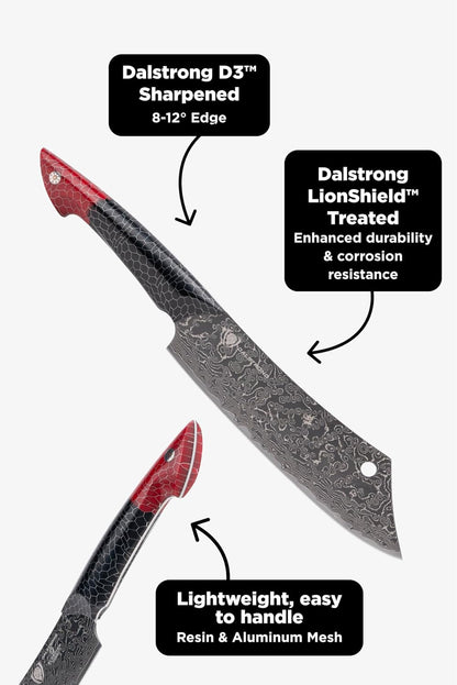 8" Crixus Chef & Cleaver Hybrid — V12 Ultra™ Japanese Steel — Hardest Build — for Bone-In Cuts & Chef Work — Black & Red Damascus, Honeycomb Handle, Scorpion, Customer Support8