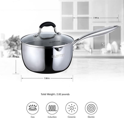 Tri-Ply Whole-Clad Stainless Steel Sauce Pan with Pour Spout,2.5 Quart Small Multipurpose Pasta Pot with Strainer Glass Lid, Saucepan for Cooking with Stay-Cool Handle.5