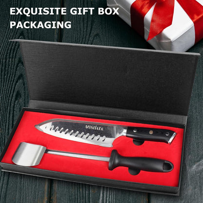 Chef Knife,Kitchen Knife Santoku Chef'S Knife 7 Inch Multifunction Kitchen Knives Damascus Steel VG-10 Blade,Knife Sharpener Rod Gift Box8