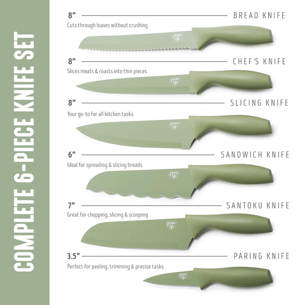 6 Piece High Carbon Stainless Steel Knife Set, Sage Green | Paring, Sandwich, Santoku, Bread, Slicing, Chef’S Knife, Rust-Resistant, Ergonomic Handles, Razor Sharp, Camping-Ready2