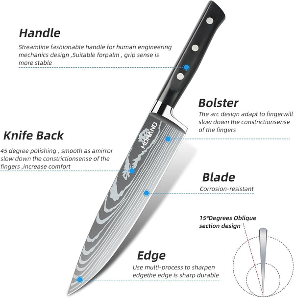 Chef Knife Set with Roll Bag, Professional Knife Set with Sharpener | High Carbon Stainless Steel 9PCS Kitchen Knife Set, Forged Triple Rivet Handle, Kitchen & Home Cooking, Dishwasher Safe Black3