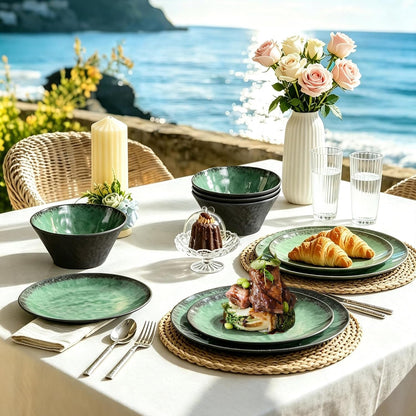 Melamine Dinnerware Sets for 4, 12 Pcs Plates and Bowls Set, Green1