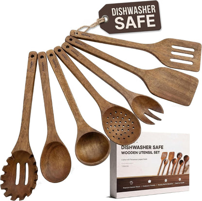 Koppen Dishwasher Safe Wooden Kitchen Utensils Set, 7 Pcs Acacia Wood Spoon Utensils for Nonstick Cookware, Resist Water Absorption & Crack, Long-Lasting, Non-Toxic for Cooking, Spatula, Ladle, Pasta1