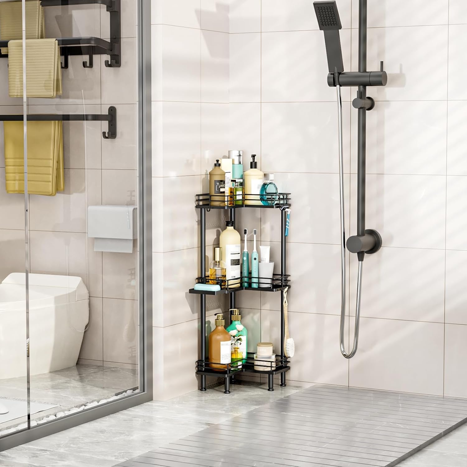 corner-shower-caddy-standing-3-tier-shower-organizer-corner-with-soap-holder-rustproof-bathroom-standing-organizer-with-4-hooks-black
