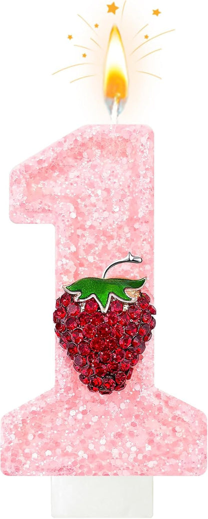 Strawberry-Shaped Berry Candles, Pink Number Candles, and Glittery Strawberry Cake Decorations, Perfect for Birthday and Anniversary Celebrations. (Number 1)1