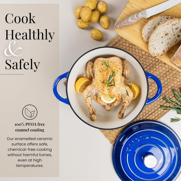 Enamelled Cast Iron Dutch Oven Pot with Lid-6.4 Quart Non Stick Casserole Pot-Heavy Duty & Oven Safe up to 500° F for Bread Baking, Braising, Stews, Roasting - 28Cm Dark Blue5