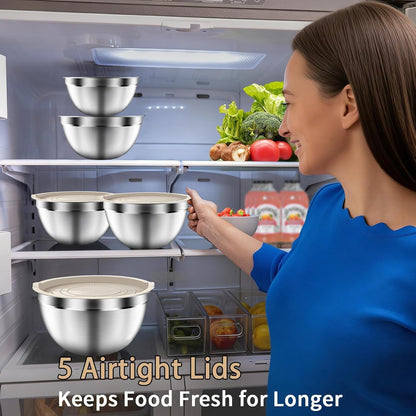 Mixing Bowls with Airtight Lids Set, 5 PCS Stainless Steel Khaki5
